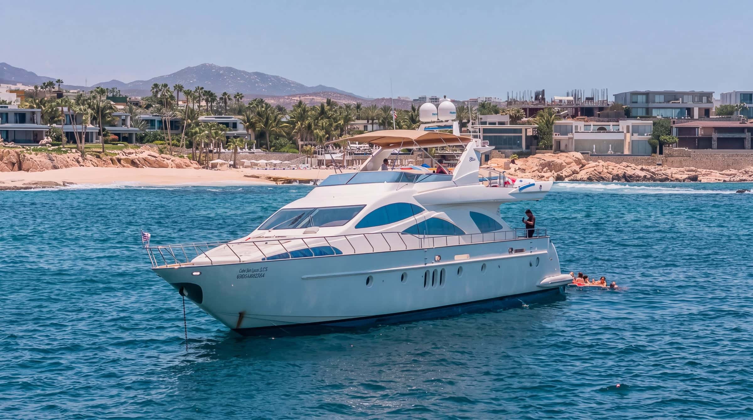 Heather Nikki at anchor in clear blue water off a sandy beach, with a swimmer beside the hull and villas on the hill behind