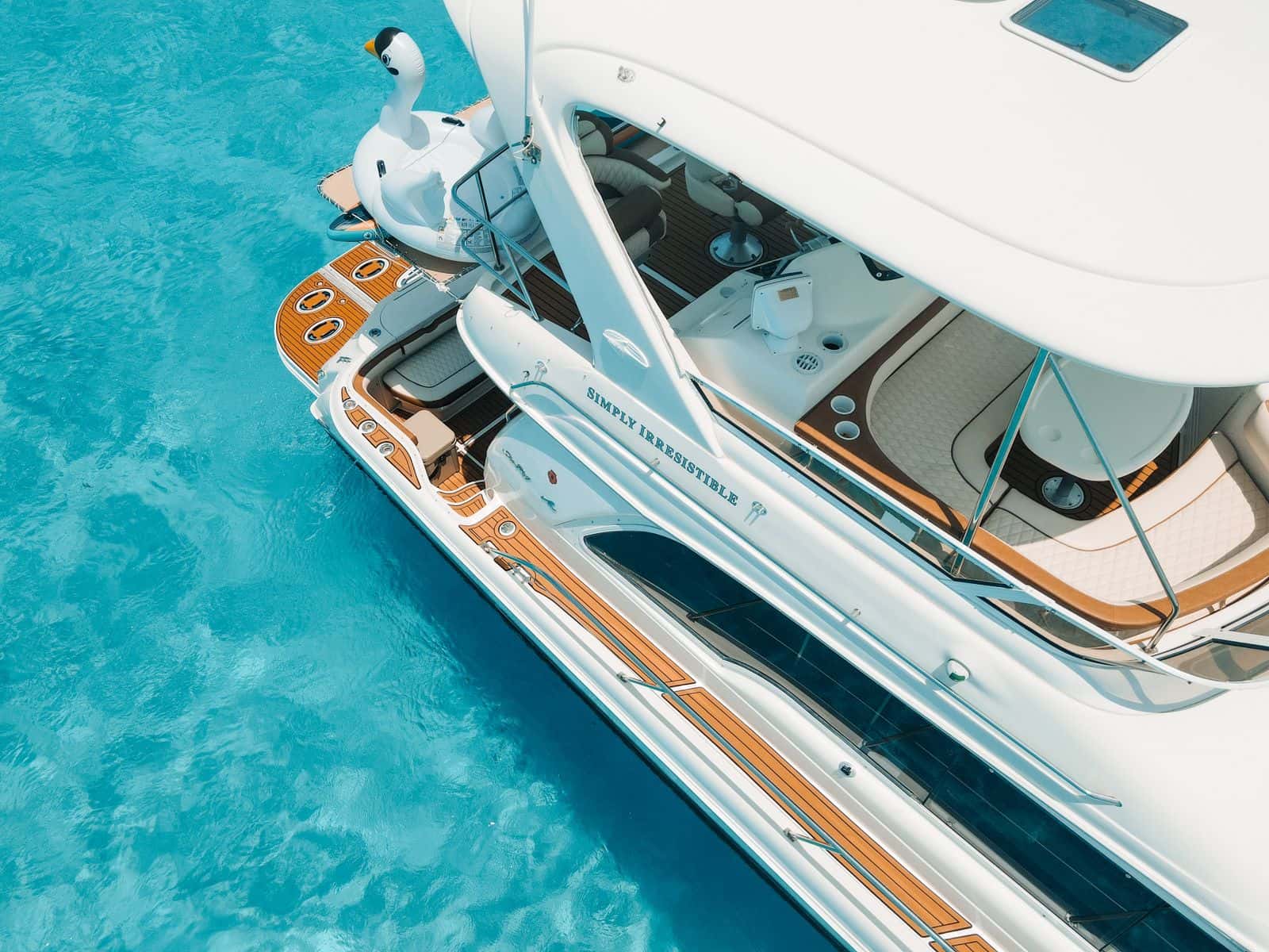 Aerial view down the side deck of Sea Mami and the flybridge under its hardtop