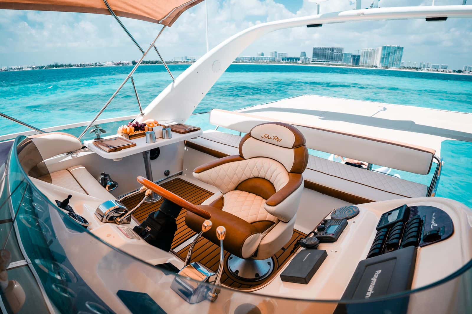 Flybridge helm seat, wheel and controls on Mr Sea