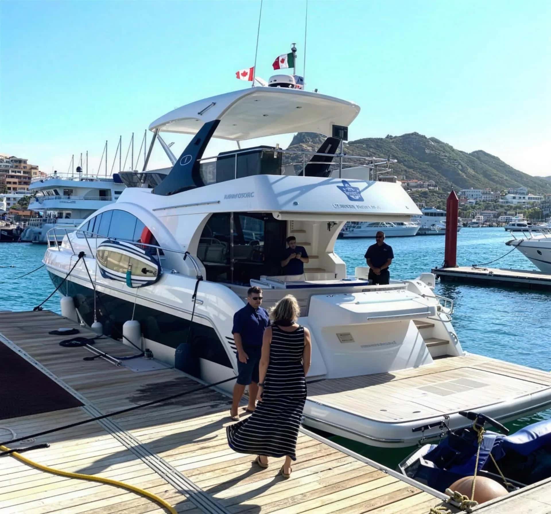 Guests boarding from the marina dock, the crew waiting at the stern