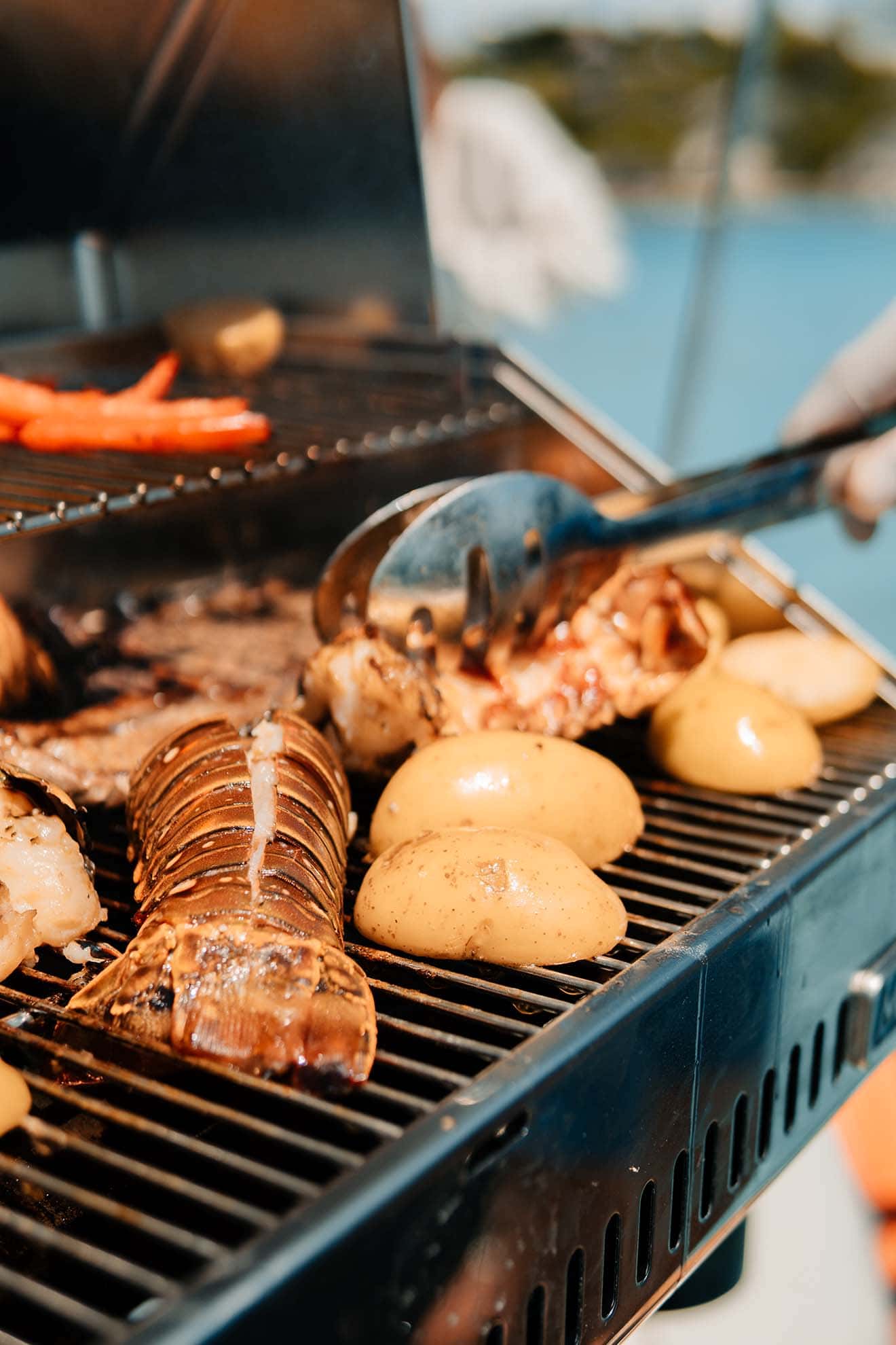 Lobster tails, meat and potatoes cooked on the onboard grill