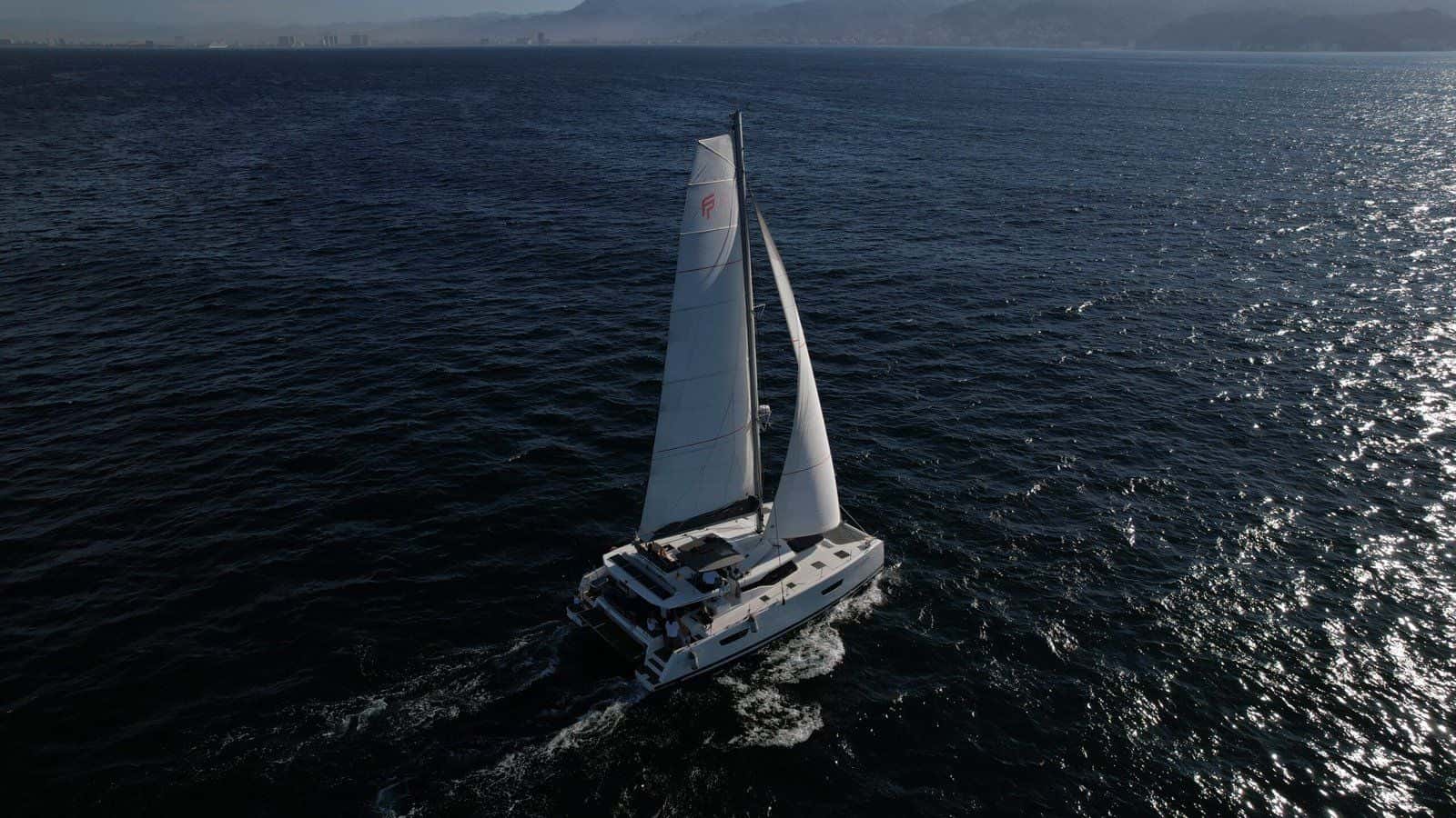 Catamaran under main and jib from above, on dark water with the coast behind