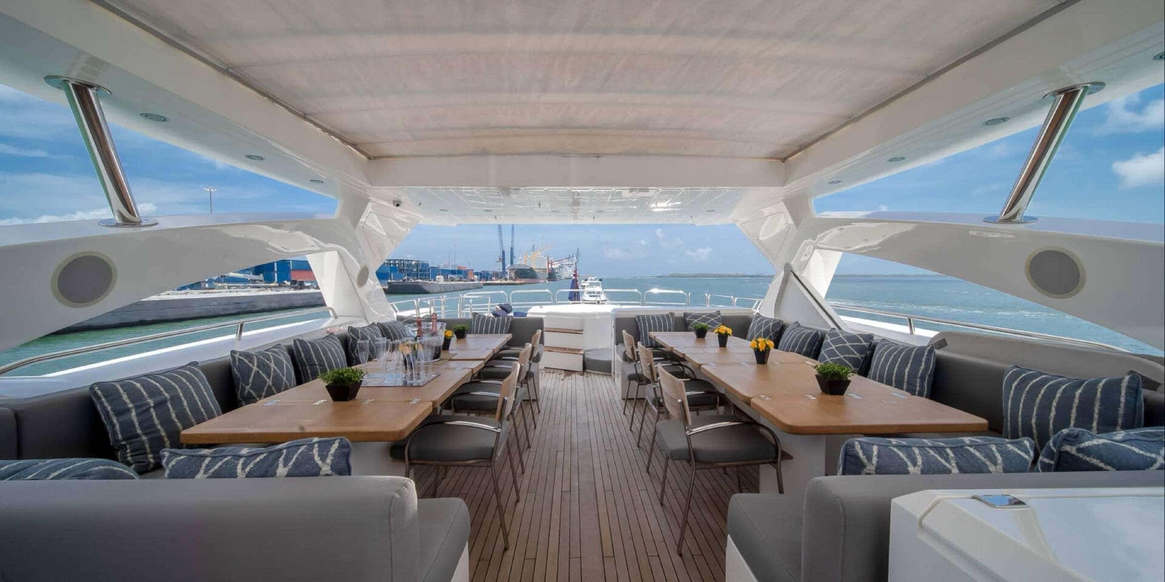 Covered upper deck with two long wooden dining tables, built-in grey bench seating and a teak floor