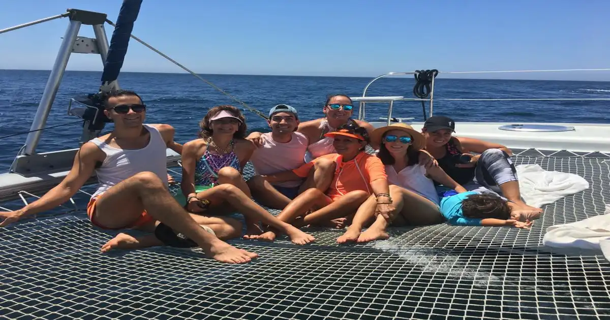 Guests relaxing together on the trampoline net