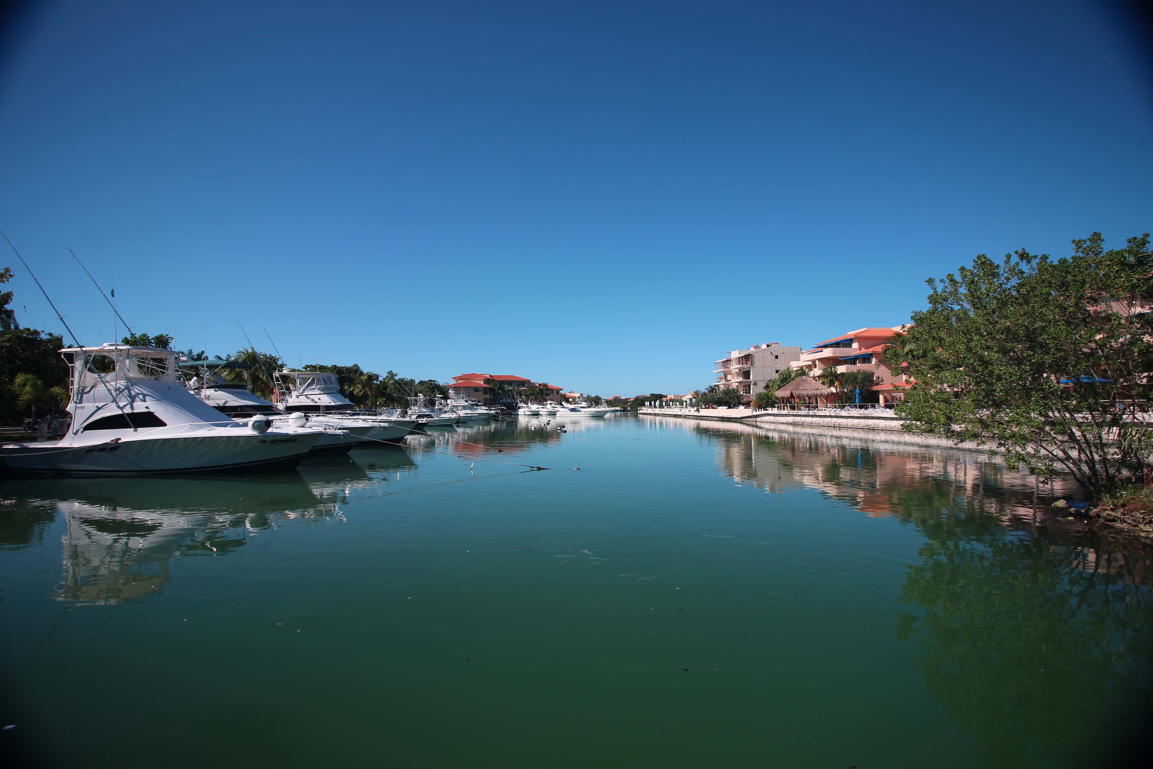 Puerto Aventuras: the marina basin, boats moored along the quay